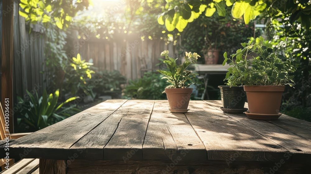 rustic wooden table in lush garden setting dappled sunlight filtering through leaves weathered surface with potted plants creating an inviting outdoor dining atmosphere rustic wooden table in lush garden setting dappled sunlight filtering through leaves weathered surface with potted plants creating an inviting outdoor dining atmosphere