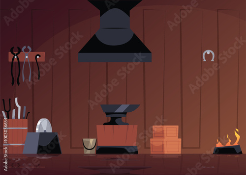 Cartoon interior of smithy workshop with furnace with fire, anvil, tools and metallurgy equipment, vector flat forge