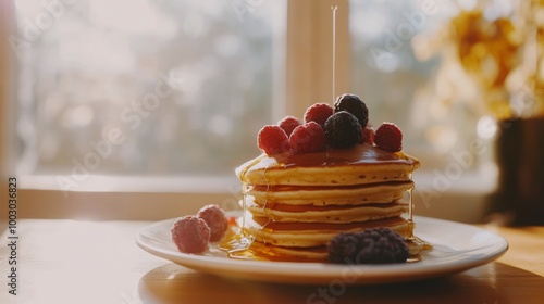Delicious stack of pancakes topped with fresh berries and syrup in warm morni...