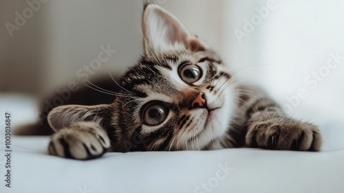 Playful tabby cat relaxing indoors on a sunny afternoon in a cozy home enviro...