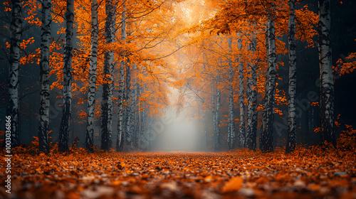 A serene forest path covered in vibrant orange leaves under a mystical fog, evoking tranquility and autumn beauty. photo