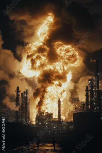 Large fire engulfing industrial plant at dusk with smoke billowing into the sky