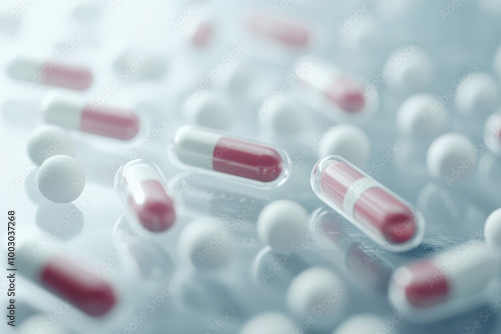 Various capsules and pills scattered on a reflective surface highlighting pharmaceutical products and their differing shapes and colors Various capsules and pills scattered on a reflective surface highlighting pharmaceutical products and their differing shapes and colors