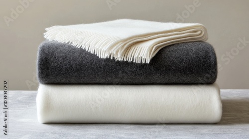 Cozy wool blankets stacked neatly in a minimalist setting for a warm and invi...