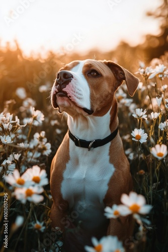 A beautiful dog enjoying a sunny day in a flower-filled meadow during golden ...