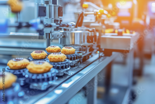 Modern pastry production line in a food factory, with automated machinery handling the entire process from mixing ingredients to packaging