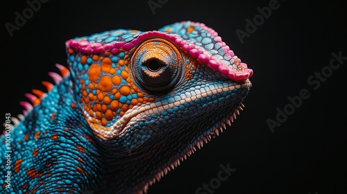 Close-up of a vibrant chameleon with detailed textures against a dark background