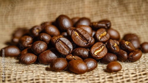 Freshly roasted coffee beans resting on burlap fabric ready for brewing in th...