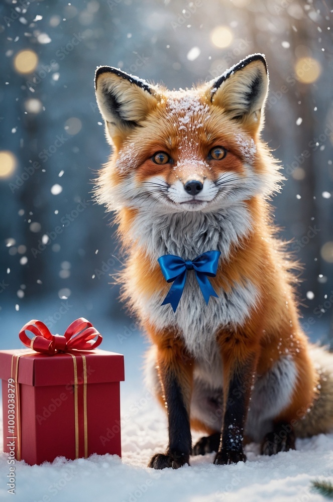 Fototapeta premium fox in the snow, gift box