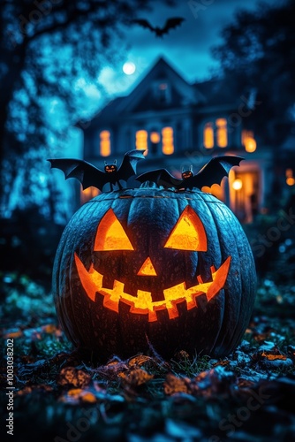 A glowing pumpkin lantern on a foggy Halloween night near an old haunted house