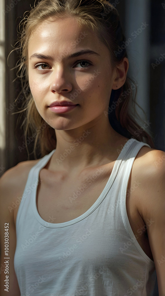 Hyper, Realistic Portrait Of A Young Woman In Soft Natural Light Wearing Casual White Tank Top With Confident Expression Hyper, Realistic Portrait Of A Young Woman In Soft Natural Light Wearing Casual White Tank Top With Confident Expression