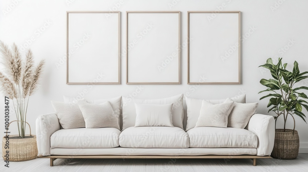 scandinavian living room mockup three square frames on white wall above minimalist sofa neutral tones and natural textures creating a calm modern aesthetic scandinavian living room mockup three square frames on white wall above minimalist sofa neutral tones and natural textures creating a calm modern aesthetic