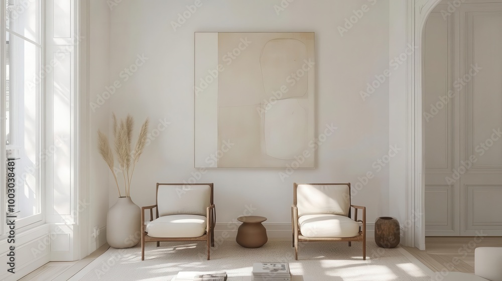 scandinavian living room with two statement armchairs clean white walls and an oversized abstract art piece bathed in natural light for a serene and inviting atmosphere scandinavian living room with two statement armchairs clean white walls and an oversized abstract art piece bathed in natural light for a serene and inviting atmosphere