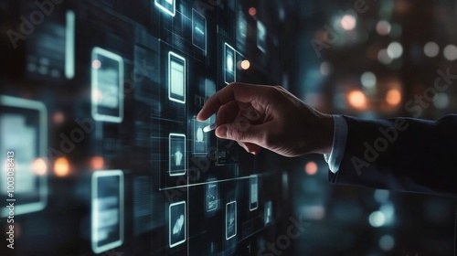 A business professional selecting digital messages amid a futuristic city bac...