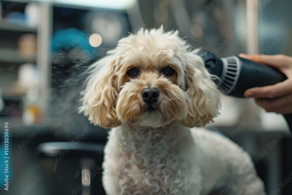 A fluffy dog being groomed with a hairdryer in a pet grooming salon, showcasing its cute features and the grooming process.