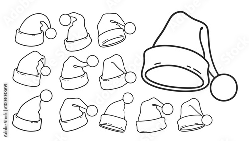 Vector line art illustration set of isolated Santa Hats design elements