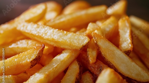 Freshly cooked golden French fries arranged in a delightful pattern on a serv...