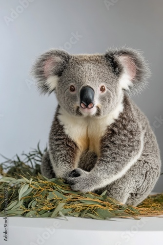 In a bright studio setting, a charming koala stands on its hind legs, playful...