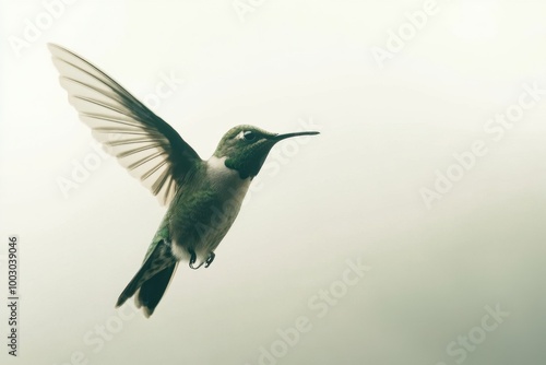 A hummingbird gracefully hovers in mid air showcasing its vibrant colors against a soft blurred background