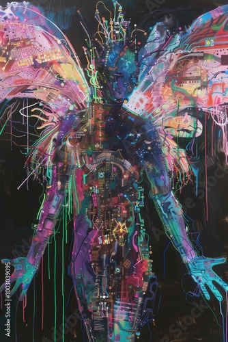 Obraz na płótnie A vibrant, abstract portrayal of a figure with colorful wings, exuding an ethereal, artistic essence against a dark background. w salonie