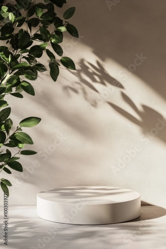 Minimalist display with circular pedestal under natural light and leafy shado...