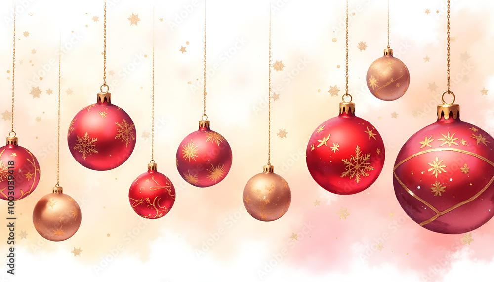 Elegant Christmas ornaments in red and gold tones symbolizing holiday glamour against soft background with copy space Elegant Christmas ornaments in red and gold tones symbolizing holiday glamour against soft background with copy space