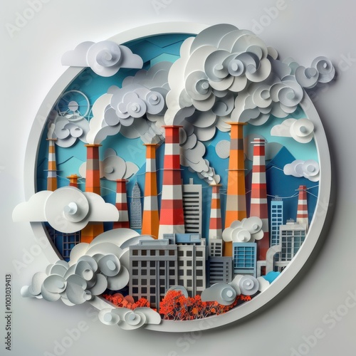 3D paper art style city with factory chimneys and smoke, industrial background