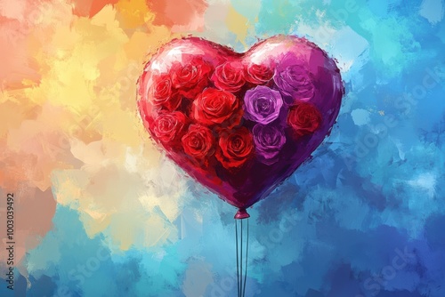 valentines day balloon bouquet, vivid digital artwork of heart-shaped balloon bunch with roses, symbolizing love and warmth on valentines, colorful and lively illustrative style photo