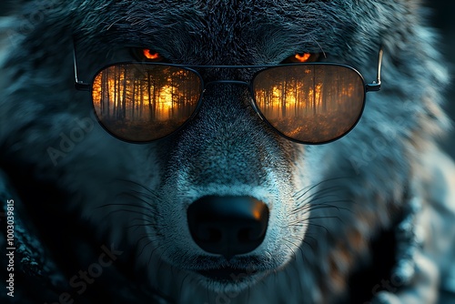 Wolf wearing sunglasses reflecting fiery forest at sunset photo