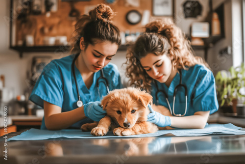 A team of two veterinarians in work uniform bandaging a paw of a small dog lying on the table at veterinary clinic