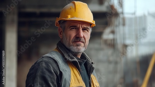 seasoned construction worker in protective gear on active building site weathered features confident expression and industrial backdrop convey experience and skill