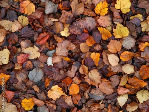 Autumn colored leaves top view copy space