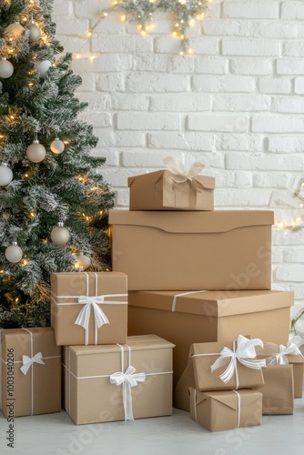 Festive holiday season display with neatly wrapped presents near a decorated ...