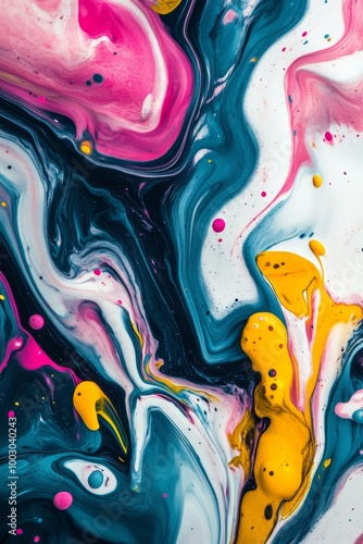 Vibrant abstract painting featuring swirling blue, pink, and yellow colors on...