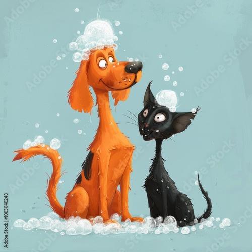 Obraz na płótnie Two cartoon dog and cat, one orange and one black, playfully share a bath with bubbles on their heads against a blue background. w salonie