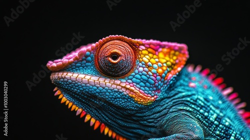 Close-up of a vibrant chameleon with detailed textures against a dark background