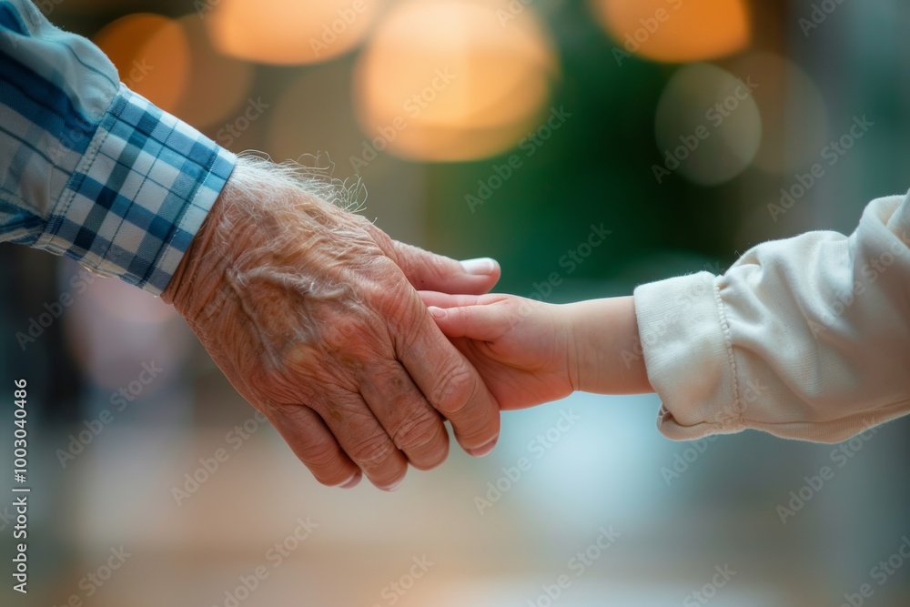 Generations of love: Grandfather and child hands in a gentle touch Generations of love: Grandfather and child hands in a gentle touch