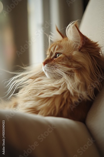 A serene ginger cat gazes out a sunlit window on a calm afternoon