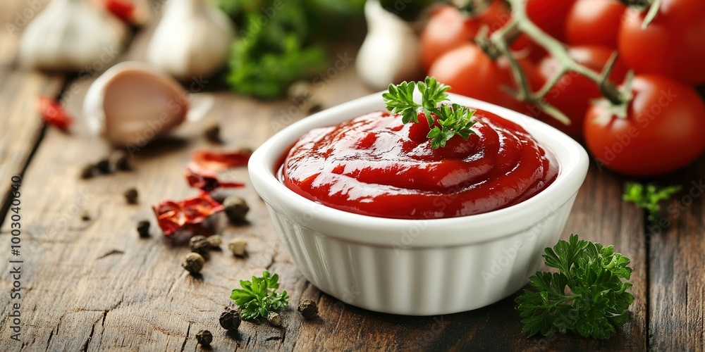 Tomato sauce in a white ramekin with rosemary, salt, and peppercorns on a rustic wooden table Tomato sauce in a white ramekin with rosemary, salt, and peppercorns on a rustic wooden table