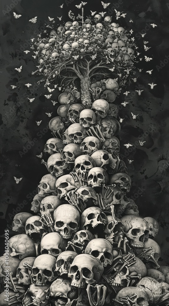 A surreal composition blending a towering structure of skulls with a tree, symbolizing life and death, surrounded by small flying creatures.
