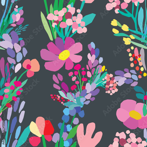 Seamless pattern of colorful flowers and leaves on a dark background. Floral textile print design. Vector wildflowers