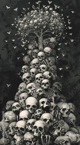 Obraz na płótnie A surreal composition blending a towering structure of skulls with a tree, symbolizing life and death, surrounded by small flying creatures. w salonie
