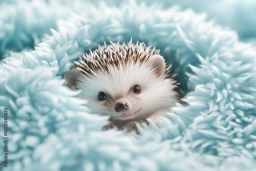 A tiny baby hedgehog snuggled up inside a fluffy pastel blue blanket, only its tiny nose peeking out, radiating coziness and pure cuteness A tiny baby hedgehog snuggled up inside a fluffy pastel blue blanket, only its tiny nose peeking out, radiating coziness and pure cuteness
