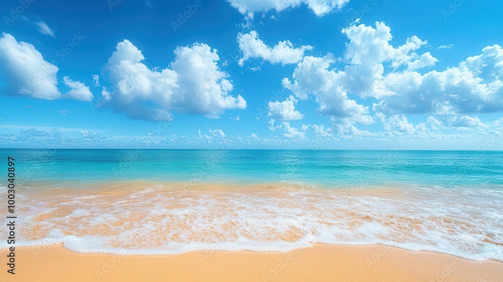 Obraz premium serene coastal panorama featuring golden sands meeting turquoise waters endless horizon merging sea and sky in a breathtaking display of natures grandeur