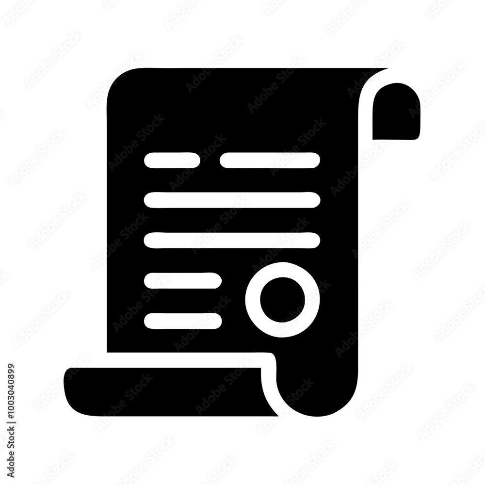 Contract document icon with rolled paper and seal in black silhouette Contract document icon with rolled paper and seal in black silhouette