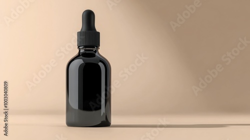 Sleek black dropper bottle on a light background used for essential oils or l...