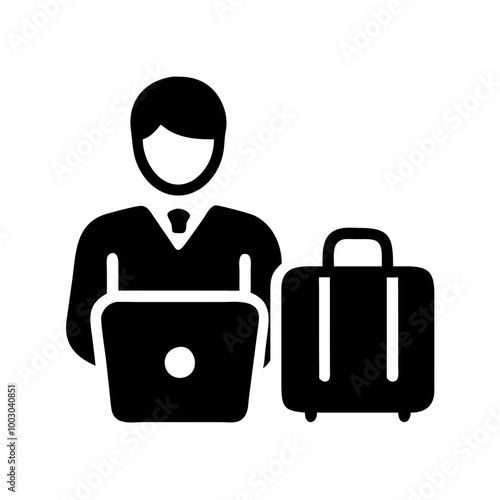 Business traveler icon with person, laptop, and suitcase in black silhouette