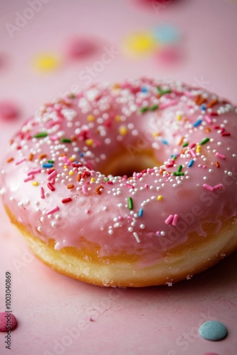 Delicious pink frosted donut adorned with colorful sprinkles on a pastel pink...