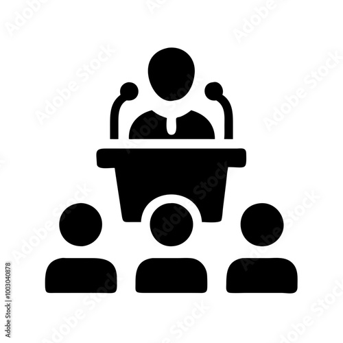 Public speaking icon with person at podium and audience in black silhouette