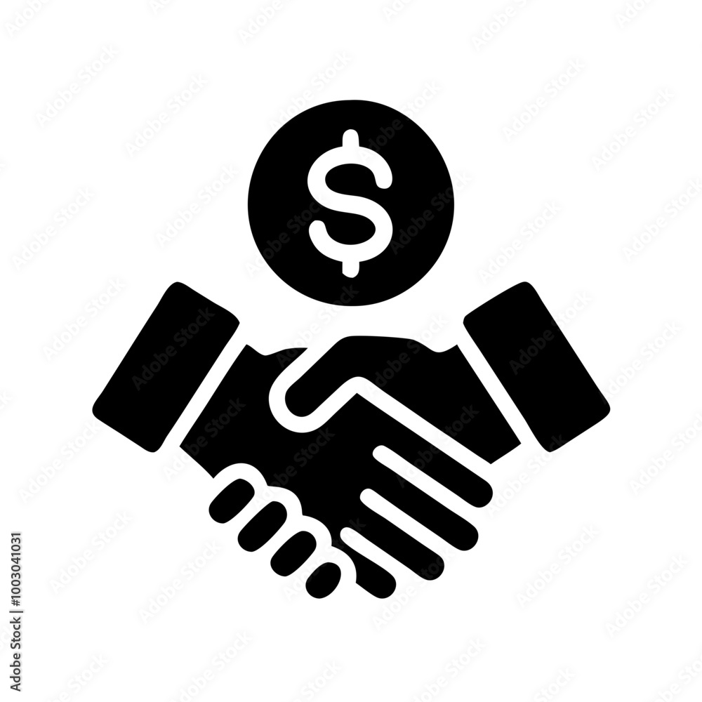 Business handshake icon with dollar sign in black silhouette Business handshake icon with dollar sign in black silhouette
